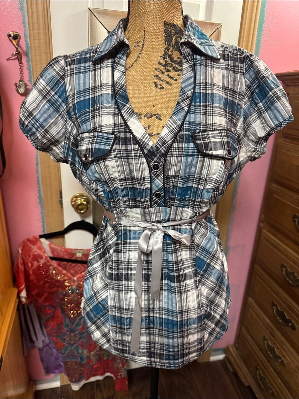 HeartSoul Blue and White Plaid Short-Sleeve Button-Front Waist-Tie Top